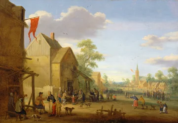 Réunion de village avec des figures rassemblées dans la rue, 1624